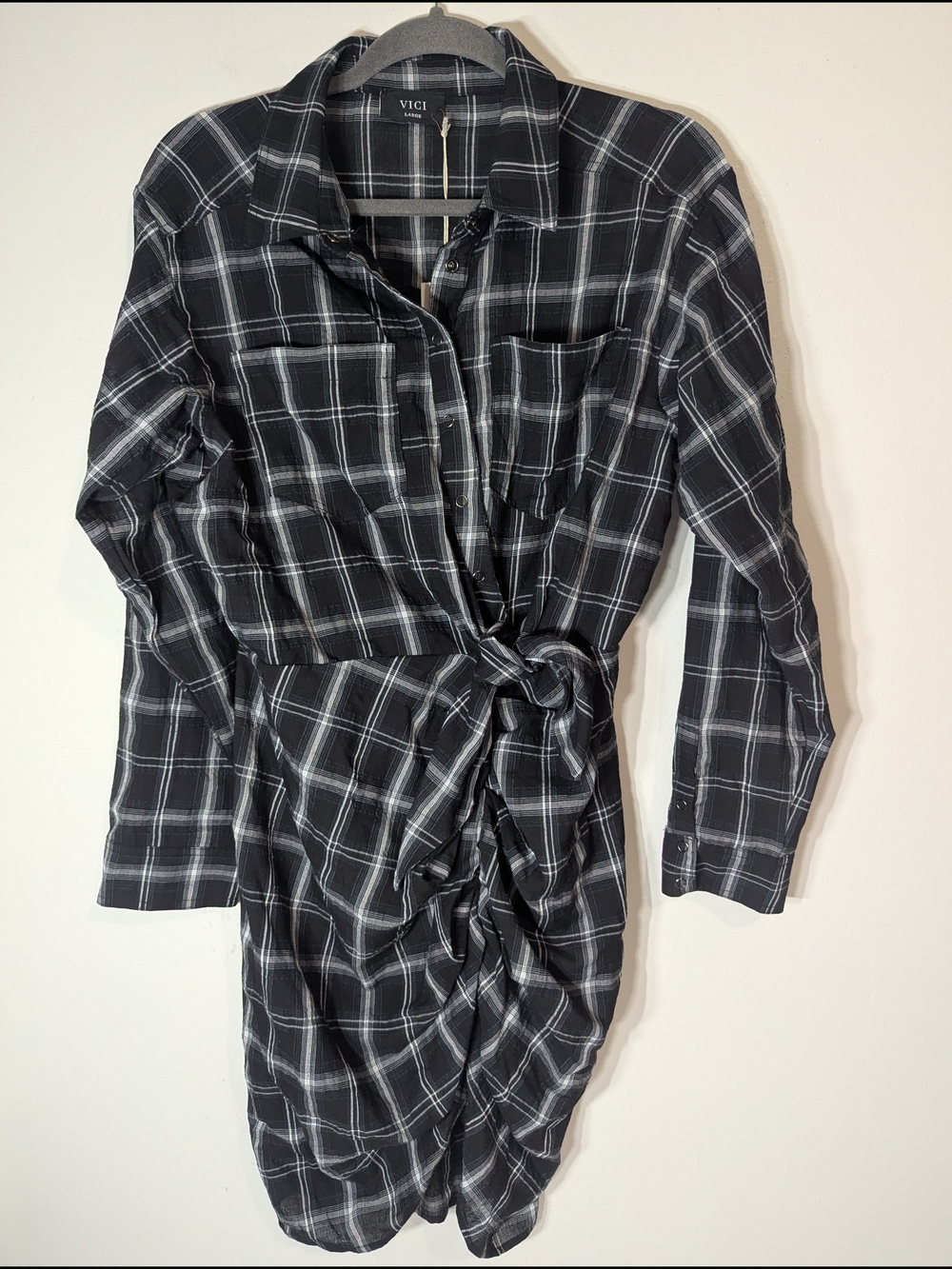 VICI Archie Cotton Plaid Shirt Dress Black Gray Long Sleeve Tie Waist Large NWT - Picture 2 of 8